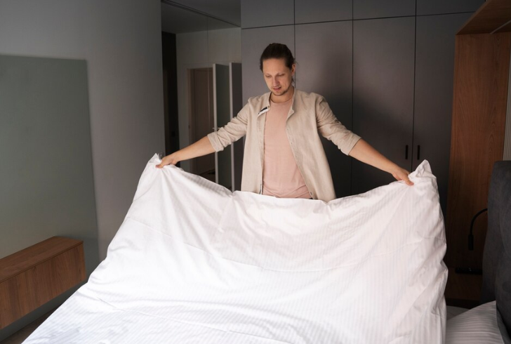 When figuring out how to fold an inflatable mattress, make sure to remove all bedding first.